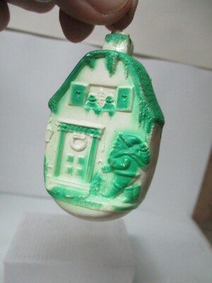 Vintage Irwin Viscaloid Santa Claus at House Green White Christmas Ornament