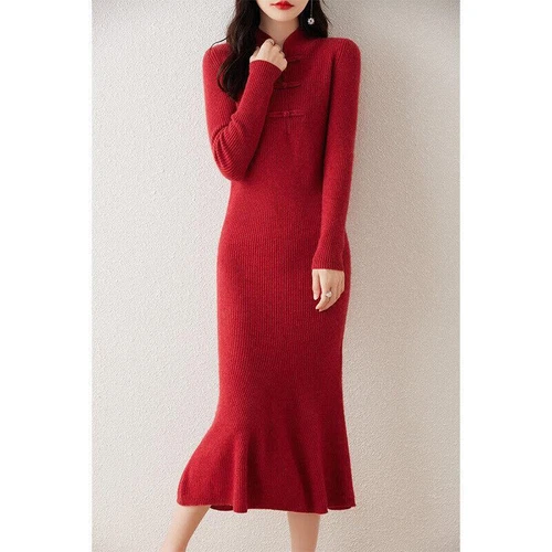 Pullover Half-turtleneck Wool Knitted Dress Women's Mid Length Cashmere Sweater - Bild 3 von 20