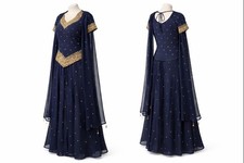 Navy Blue Embroidered Anarkali Dress Set Dupatta Gold Details