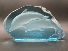 Blue Dolphin Etched Glass Sculpture 8" x 4.25" x 1.5"