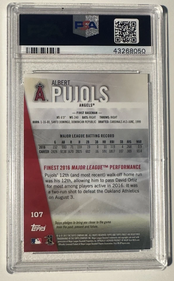 2017 Finest 107 Albert Pujols SP PSA 10 Short Print Low POP 4 Angels Cardinals - Image 2 of 2