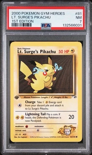 2000 Pokemon 1st Edition Gym Heroes # 81 Lt. Surge’s Pikachu PSA 7 NM NEW CERT!