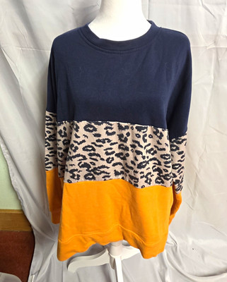Womens 2XL Colorblock Leopard Animal Print Crew Neck Pullover Sweatshirt