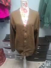 Vtg Izod Sweater Brown Button Up Crest Logo Size Large Acrylic Grandpa Cardigan