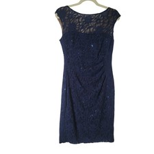Lauren Ralph Lauren Navy Blue Sequin Floral Lace Ruched V-Back Sheath Dress 8