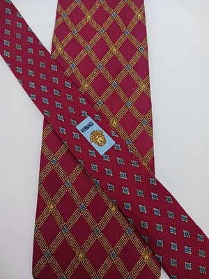 Vintage 80s - 90s Gianni Versace Silk Tie Yellow Red Retro Medusa Made in Italy