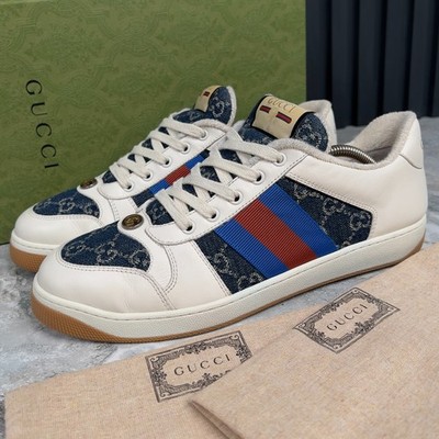 RRP$1020 GUCCI Screener Web GG Sneakers Denim Beige Leather 9.5 G 10 US 43.5 EUR