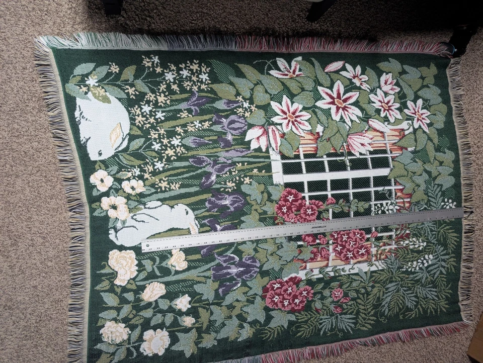 Woven Tapestry Throw By Crown Craft Rabbit Spring Garden Flowers 46"X60" - Image 2 of 4