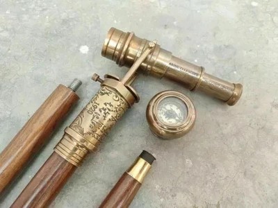 Personalize Brass Telescope Compass On Top Head Handle and Wooden Walking Stick