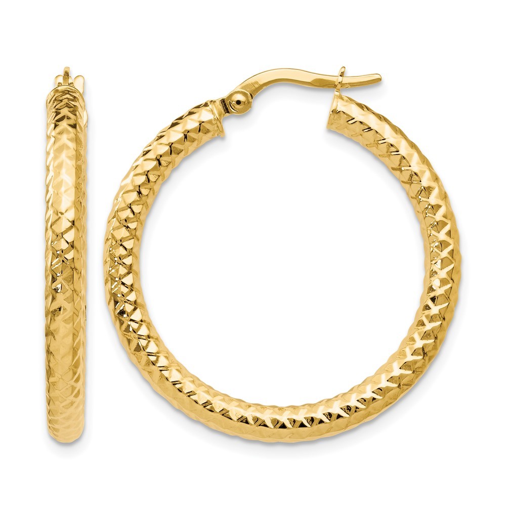 14K Yellow Gold ForeverLite Polished and Textured Hoop Earrings L-30 mm, W-29 mm