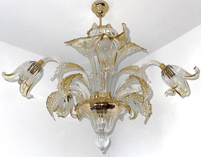 Fünfarmiger Cristallo Murano-Kronleuchter im Barockstil mit Blumenmuster