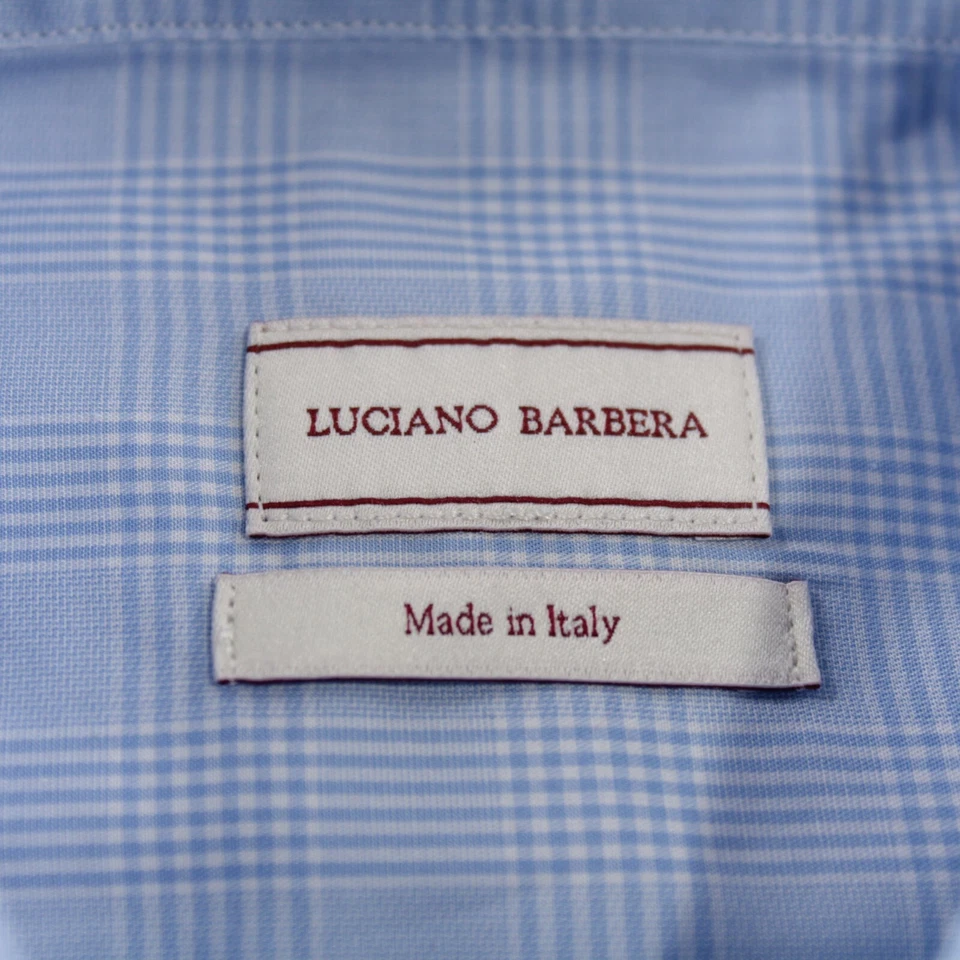 Camisa de vestir Luciano Barbera nueva con etiquetas talla 39 M EE. UU. en azul claro con cuadros blancos Foto 3 de 4