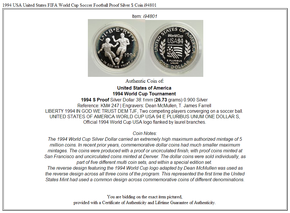 1994 USA United States FIFA World Cup Soccer Football Proof Silver