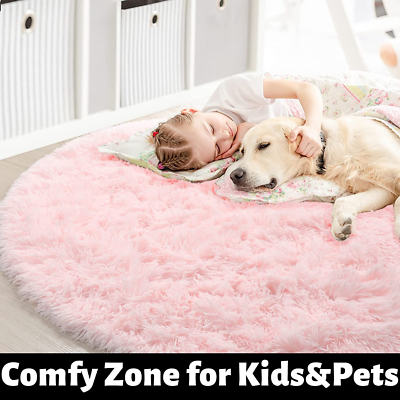 4X4 Ft Pink round Rug for Girls Bedroom, Fluffy Circle Rug for