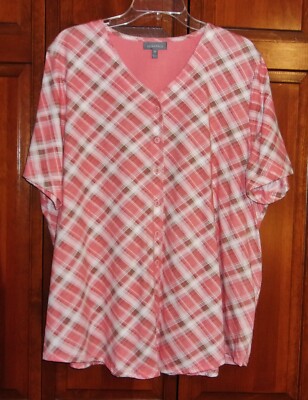 ESSENTIALS Womens  Button-down Knit Baseball Style Top Peach Plaid -2X