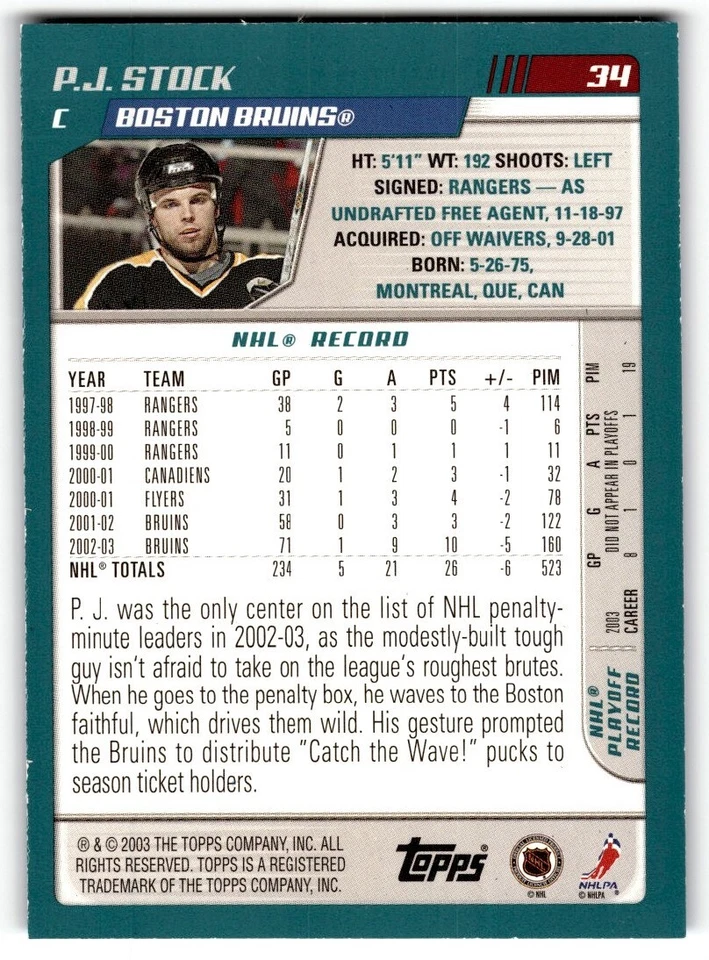 P.J. Stock 2003-04 O-Pee-Chee Blue /500 #34 Boston Bruins - Image 2 of 2