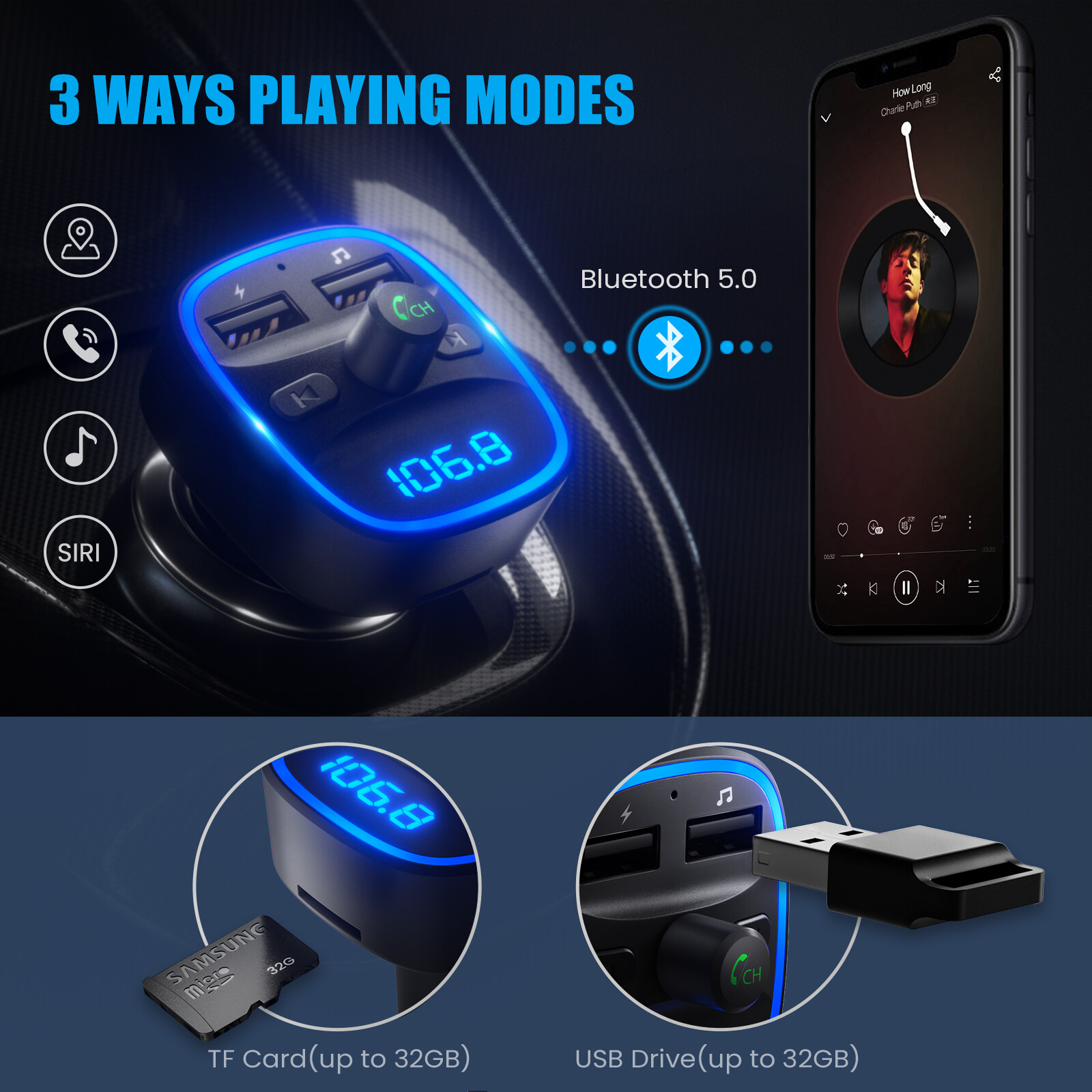 LENCENT Bluetooth FM Transmitter Dual USB Wireless Radio Adapter Car