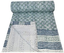 Indian Hand block Print Kantha Quilt Bedspread Reversible Blanket Cotton Gudri