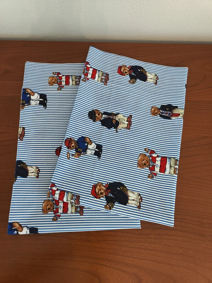 Ralph Lauren POLO TEDDY BEAR Blue Striped 2 Standard Pillowcases New - Image 2 of 4