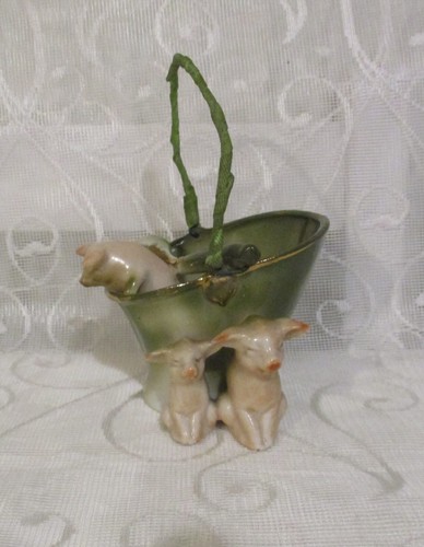 Antique German Pink Pig Fairing 3 Pigs With A Pail / Bucket And Spoon - Picture 3 of 10