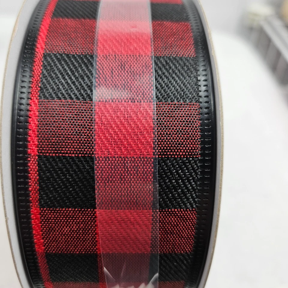 Christmas Red White Black Buffalo Check Wired Edge 2" Ribbon Lot 2 Rolls 60' New - Image 2 of 4
