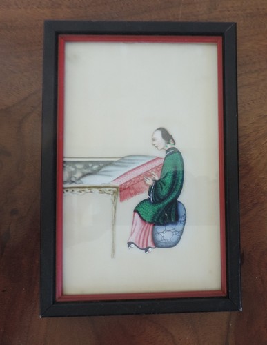 Antique Chinese Watercolor Painting Pith Paper Silk 19th c. Framed Weaver Loom - Picture 2 of 5
