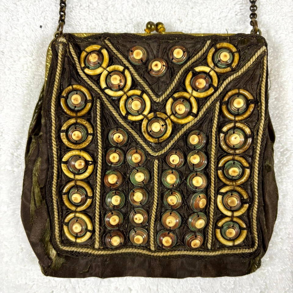 Vintage 1900s Antique Beaded Evening Bag Art Deco Silk Handbag w/ Mirror - Image 2 of 4
