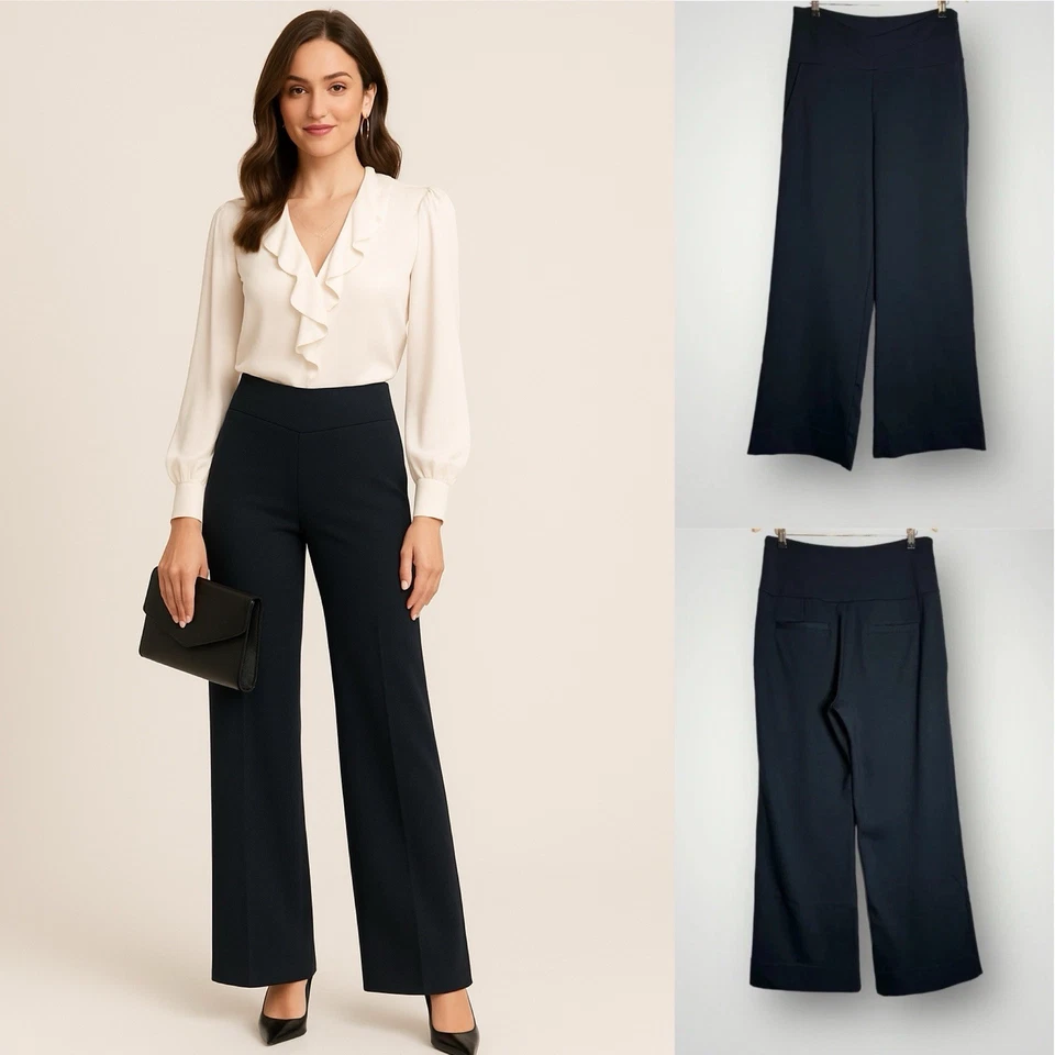 Cabi Coco Wide Leg Trouser Pants Womens Size 12 High Rise Navy Blue Side Zip EUC