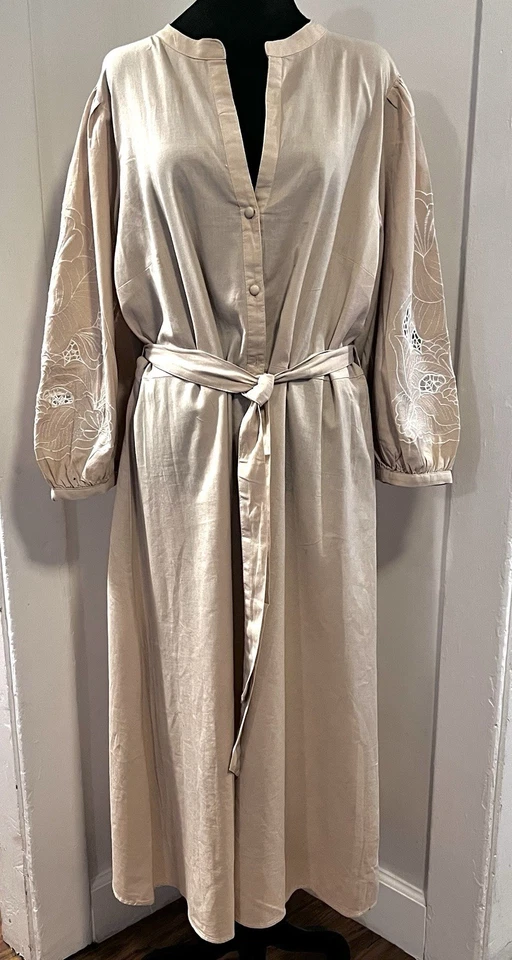 H&M Light Beige Cotton & Linen Dress with Embroidered Sleeves Size XL Tall - Image 3 of 4