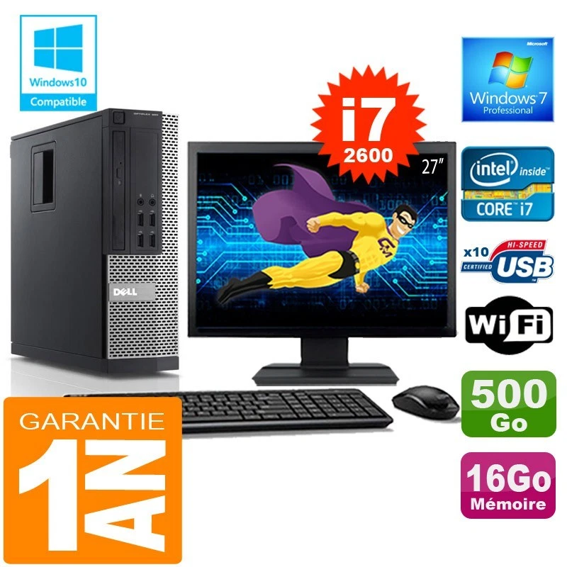 PC DELL 990 SFF Core I7-2600 Ram 16Go Disque 500 Go Wifi W7 Ecran 27" - Photo 1/4