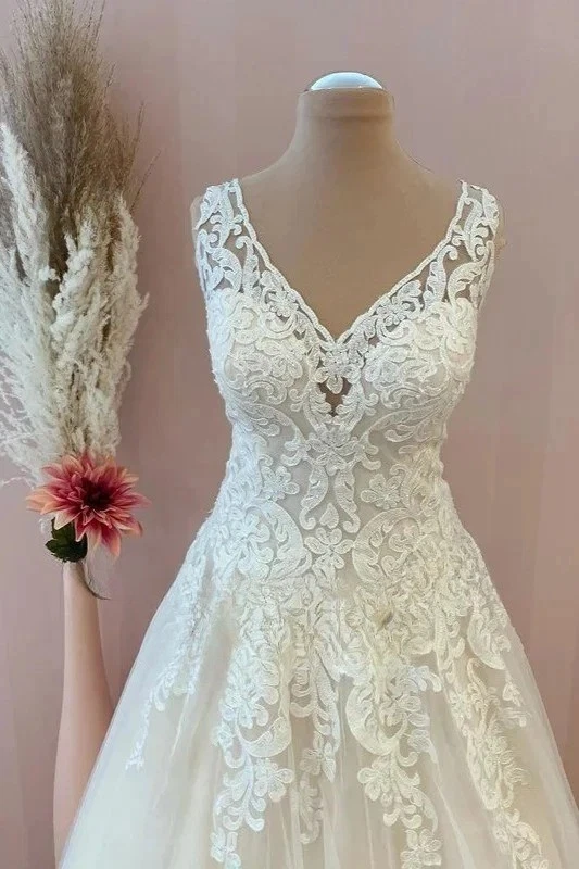 Трапециевидные свадебные платья свадебные для женщины бак v-образным вырезом роскошные новые аппликации - Изображение 3 из 4