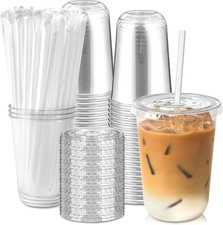  50 Sets - 16Oz round Bottom Clear Plastic Cups with Lids and Straws, Disposable