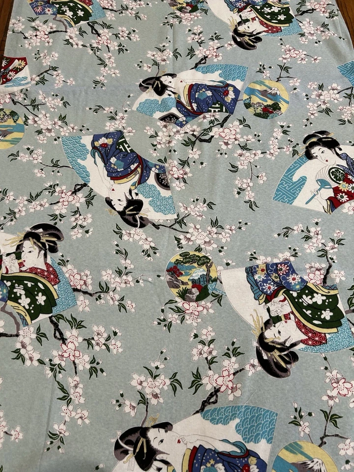 Geisha elástica asiática flores de cerezo monte. TELA tejida de algodón verde pálido Fuji Foto 3 de 4