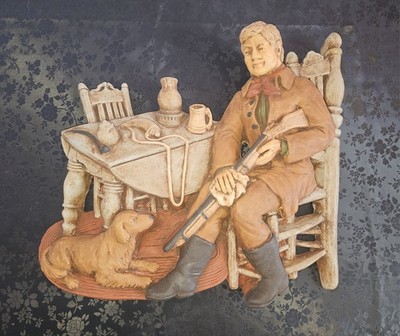 Vintage Chalkware/Plaster Wall Plaque Hunter Sitting w/ Rifle and Dog ***READ***