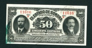 50 Centavos 1915 ((CU)) El Estado De Sonora ** PAPER CURRENCY