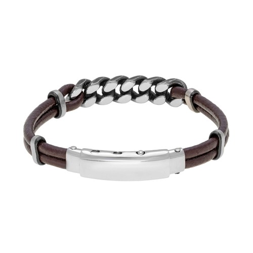 Stainless Steel and Brown Leather Adjustable Bracelet with Black Ion Plating - Picture 2 of 5