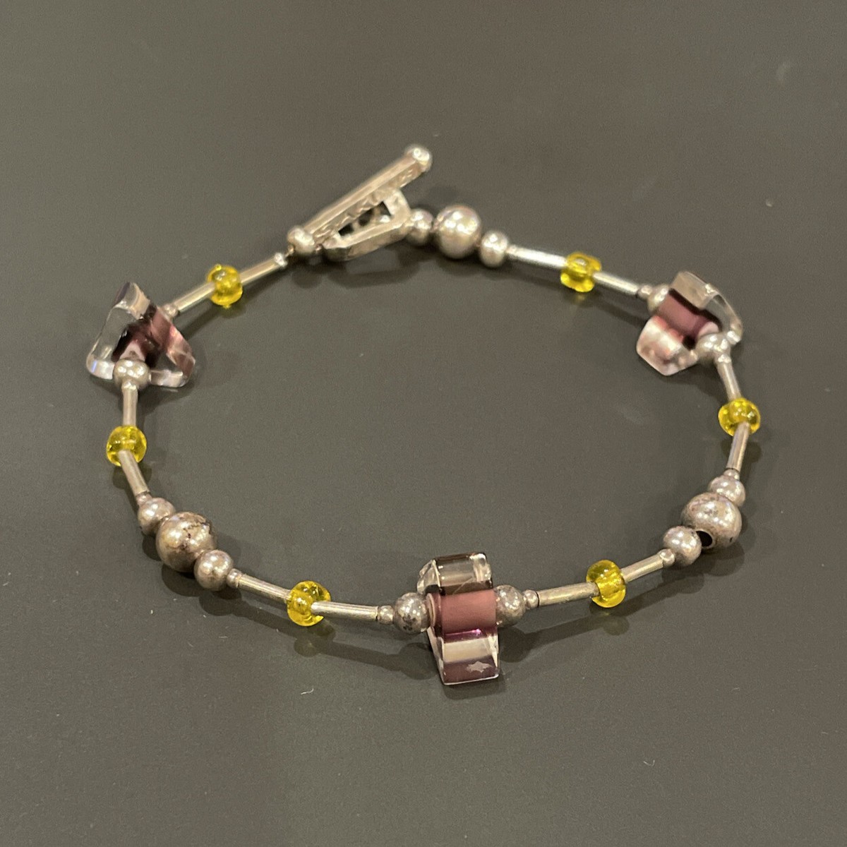 Vintage Signed Saki Sterling Silver 925 & Glass Bead Toggle Bracelet - 7.75”