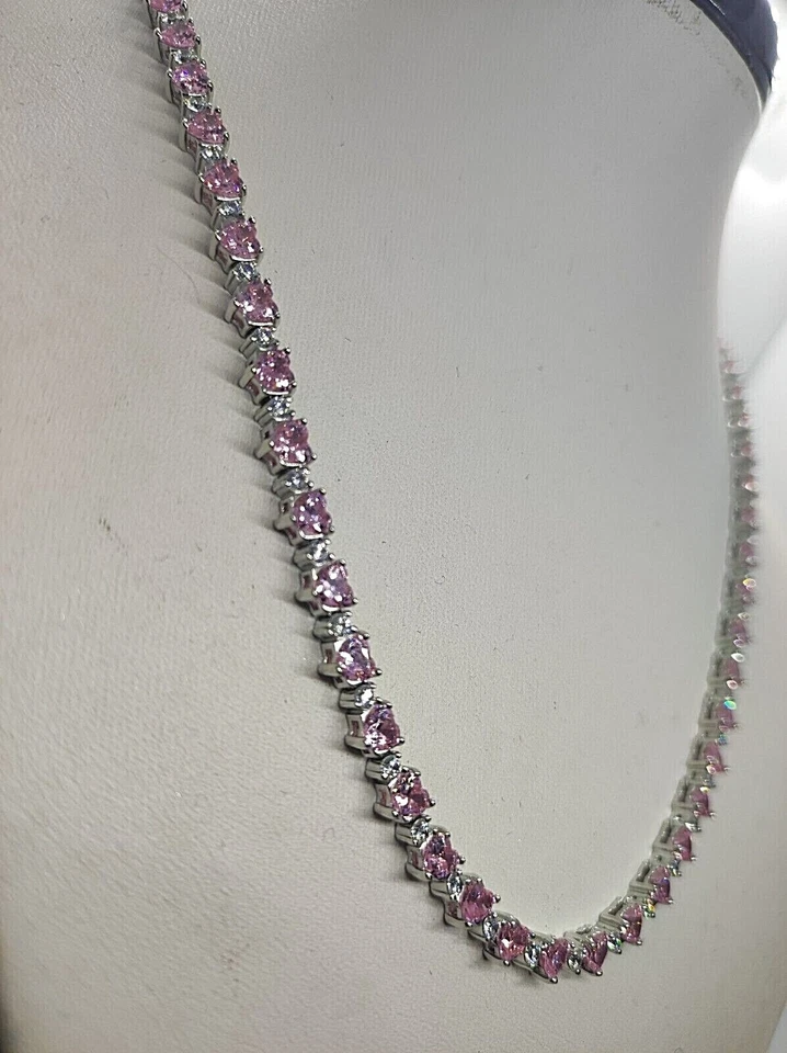 Collana donna Tennis. collana con  Cuori rosa argento 925 Placcata oro bianco - Immagine 4 di 4