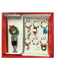 Holiday Christmas Gift Set Wreaths  Bottle Stopper with 6 Wine Charms 