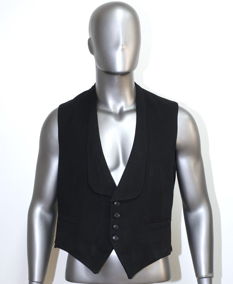 French Vintage 1930s Shawl Collar Black Wool Vest Size L Tailored 