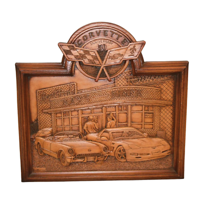 Kim Murray Corvette 50th Anniversary Carved Wood Plaque Rays Diner