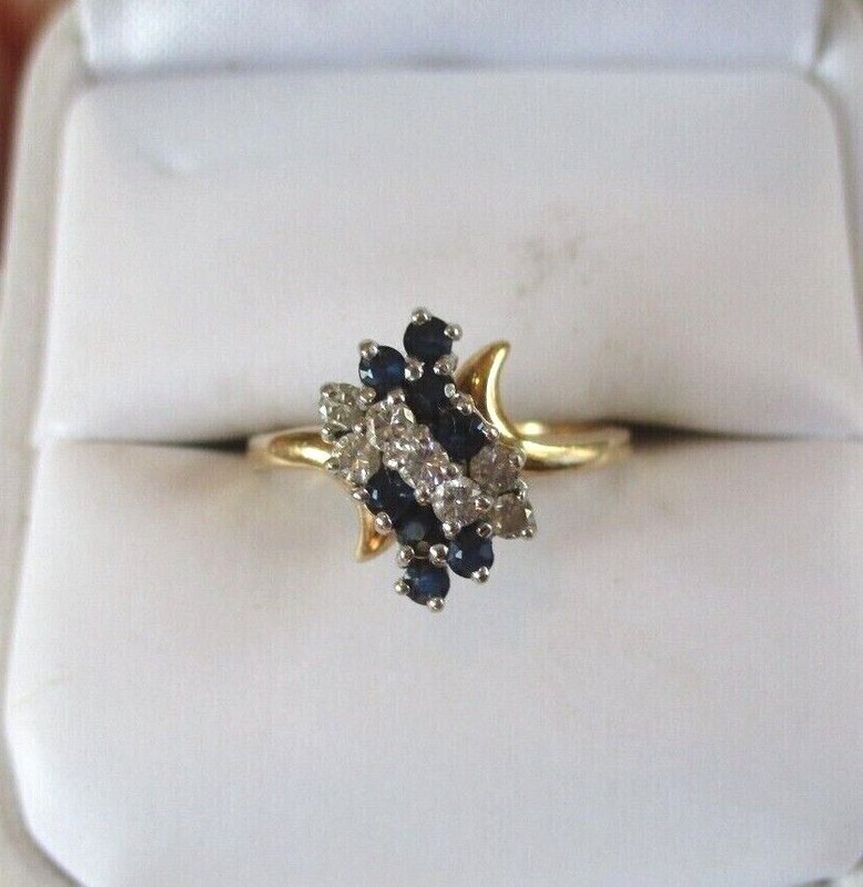 14K Yellow Gold Sapphire & Diamond Cluster Cocktail Ring Size 6