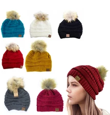 Beanie Brand Exclusive Soft Stretch Cable Knit Faux Fur Pom Pom CC Hat