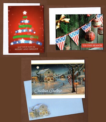 Set of 3 Patriotic Christmas Cards, Holiday, Wounded Warrior Project, U.S. Flag
