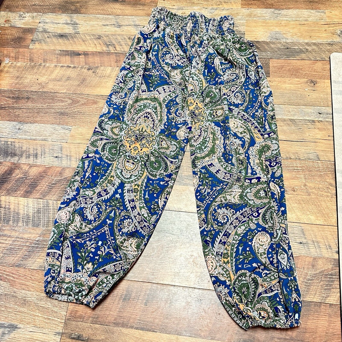 Gomorn Pants Jogger Boho Paisley Shirred Waist Wide Leg Size