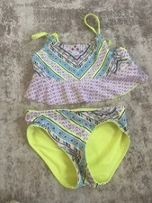 Justice Girls Bikini Set Size 8 Neon Tribal Print Ruffle Top Bright Summer Swim