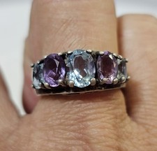 vtg 925 F Sterling Silver Ring Sz 9" w/ blue topaz  amethyst 5 cut stones- B19