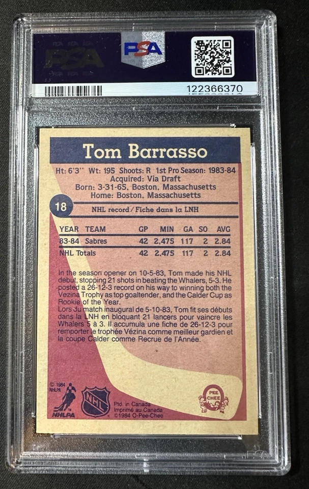 1984 O-PEE-CHEE #18 TOM BARRASSO ROOKIE CARD PSA 7 BUFFALO SABRES HOF NEW SLAB - Image 2 of 2