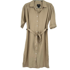 Tahari Linen Button Front Shirt Dress Brown Tan Belted Dolman Sleeves Size S