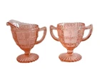 Imperial Glass Beaded Block, Pink Pair Creamer & Sugar Set Depression Styled